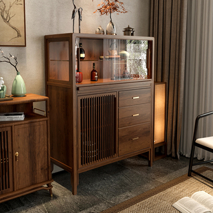 新中式玻璃酒柜实木餐边柜客厅展览柜茶室茶边柜胡桃色办公室角柜