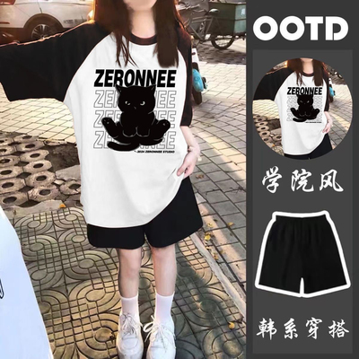 Girl Wear New Arrival Summer Two-Piece Suit Loose Short Sleeve T-shirt Top Sports Knee Length Shorts Ins Children's — 5