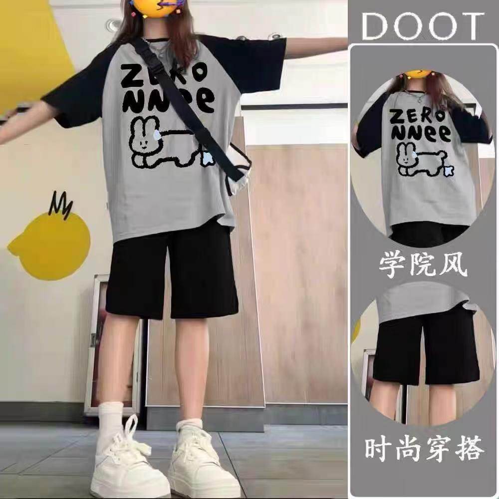 休闲运动套装女童2025夏季新款插肩短袖T恤短裤学院风甜美两件套