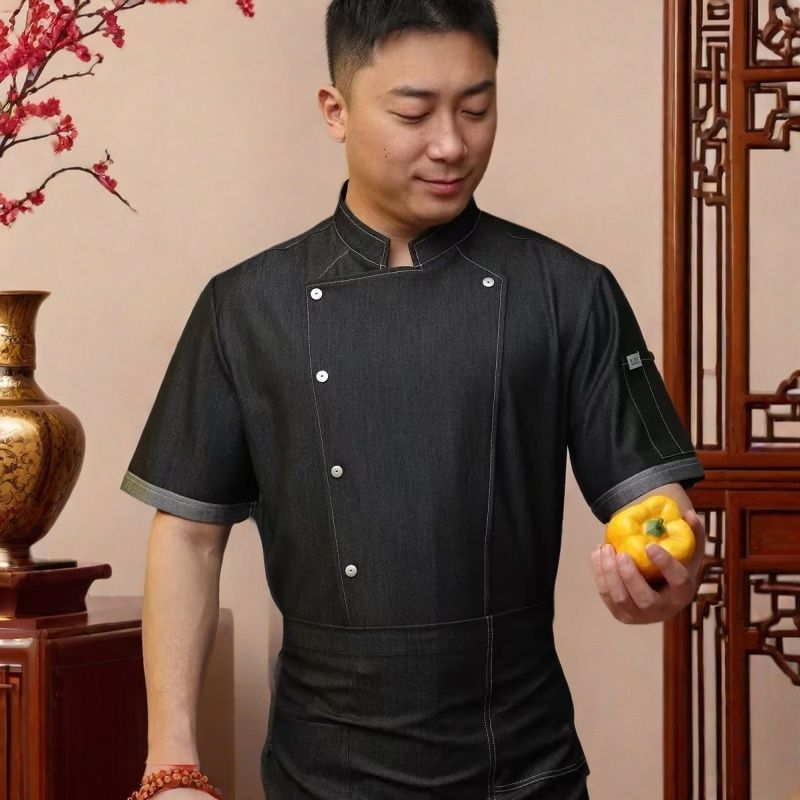 黑色厨师工作服定制短袖餐饮酒店食堂西餐厅男女烘焙后厨工作服