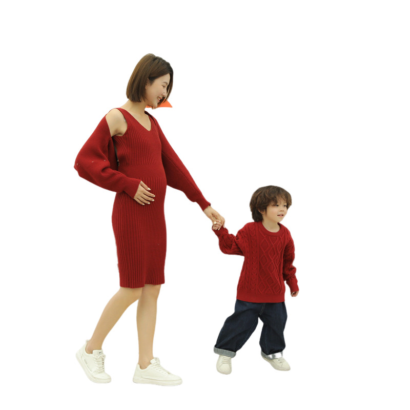 男女童套头毛衣妈妈红色孕妇吊带毛衣裙两件套秋冬新年毛衣全家福