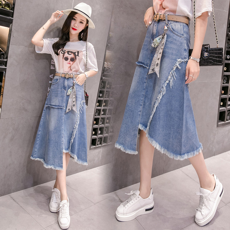 2019春夏装学生牛仔不规则少女下摆a字裙不对称毛边中长裙半身裙在类目 女装/女士精品, 半身裙中 - 来自Buy2taobao.com提供专业的淘宝代购服务