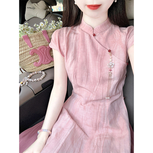 小个子高端改良民国风旗袍长裙 新中式 高级感粉色盘扣连衣裙女夏季