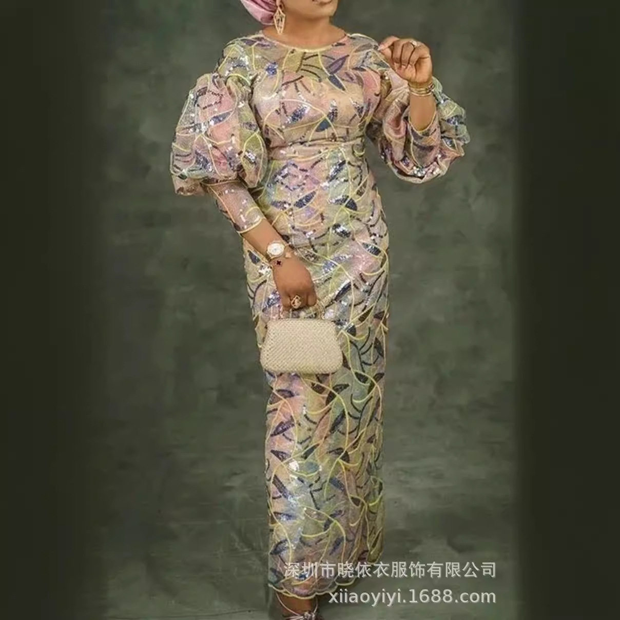 亚马逊跨境外贸欧美圆领珠片绣高腰泡泡袖大码女装连衣裙长裙礼服