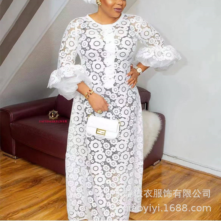 亚马逊跨境外贸欧美水溶花边大码装女装气质长袖连衣裙宴会晚礼服