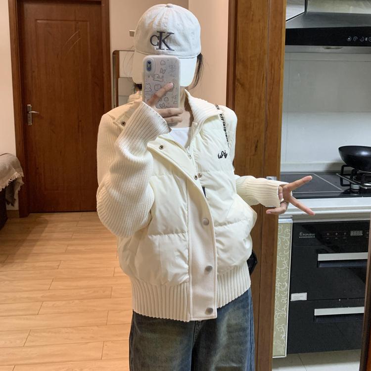 韩版条纹针织长袖上衣拼接棉服棉衣女冬季设计感小众加厚夹棉外套