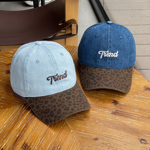 豹纹拼接牛仔布棒球帽子女