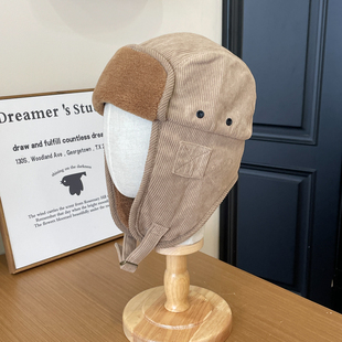 秋冬新款保暖灯芯绒羊羔毛雷锋帽子女飞行员滑雪护耳东北帽男潮