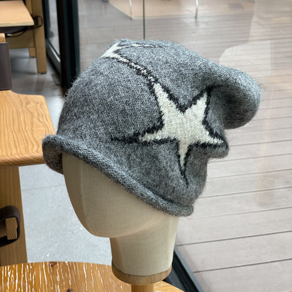 情侣款星星卷边针织堆堆帽子女