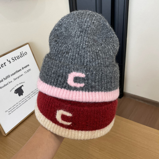 秋冬季高品质头包显脸小拼色保暖护耳毛绒帽情侣款针织毛线帽女