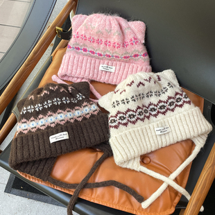 可爱猫耳朵费尔岛毛线帽女冬季加绒保暖帽子针织帽显脸小包头帽女