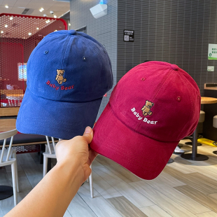刺绣卡通熊棒球帽子女春秋冬季出游显脸小软顶情侣宝蓝色鸭舌班帽