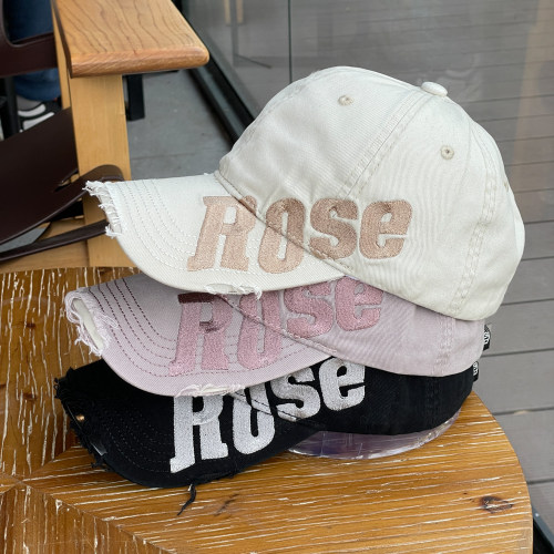 做旧破洞Rose字母刺绣棒球帽子女