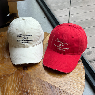 美式水洗做旧破洞大红色棒球帽女宽帽檐显脸小软顶鸭舌帽男情侣款