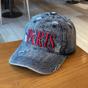 复古情侣款破洞做旧牛仔字母棒球帽女大头宽帽檐显脸小鸭舌帽子男