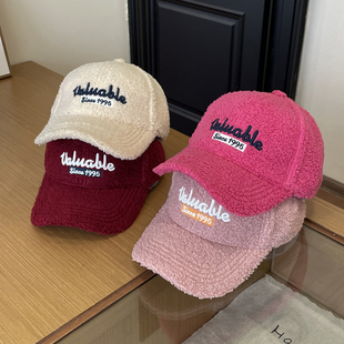 冬季1995刺绣字母羊羔毛硬顶棒球帽女简约时尚毛绒保暖鸭舌帽男潮