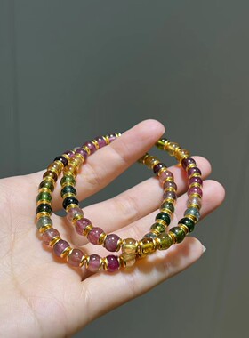 6mm天然碧玺彩虹手串银镀金镶鼓珠款晶体干净清透颜色明亮鲜美