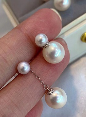 18K金镶嵌无调色akoya海水珍珠双珠款耳线耳坠耳钉耳环多种戴法