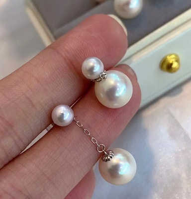 18K金镶嵌无调色akoya海水珍珠双珠款耳线耳坠耳钉耳环多种戴法