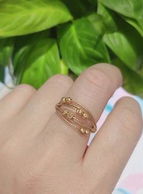 18K日制521镜面镭射/灯笼珠一体锤纹开口弹力戒指