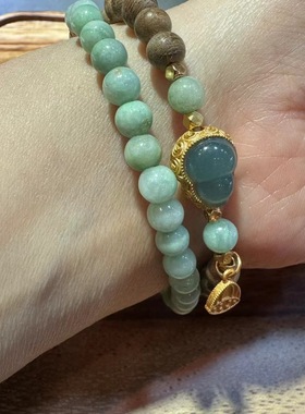 天然沉香手串翡翠双圈翡翠珠子手链新中式女款