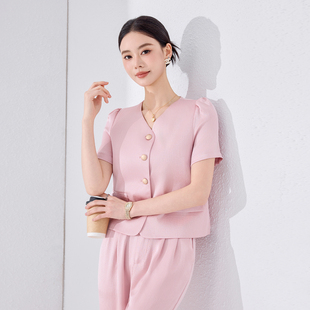短袖薄款V领外套女夏季轻奢风休闲时尚职业小香风西服阔腿裤套装