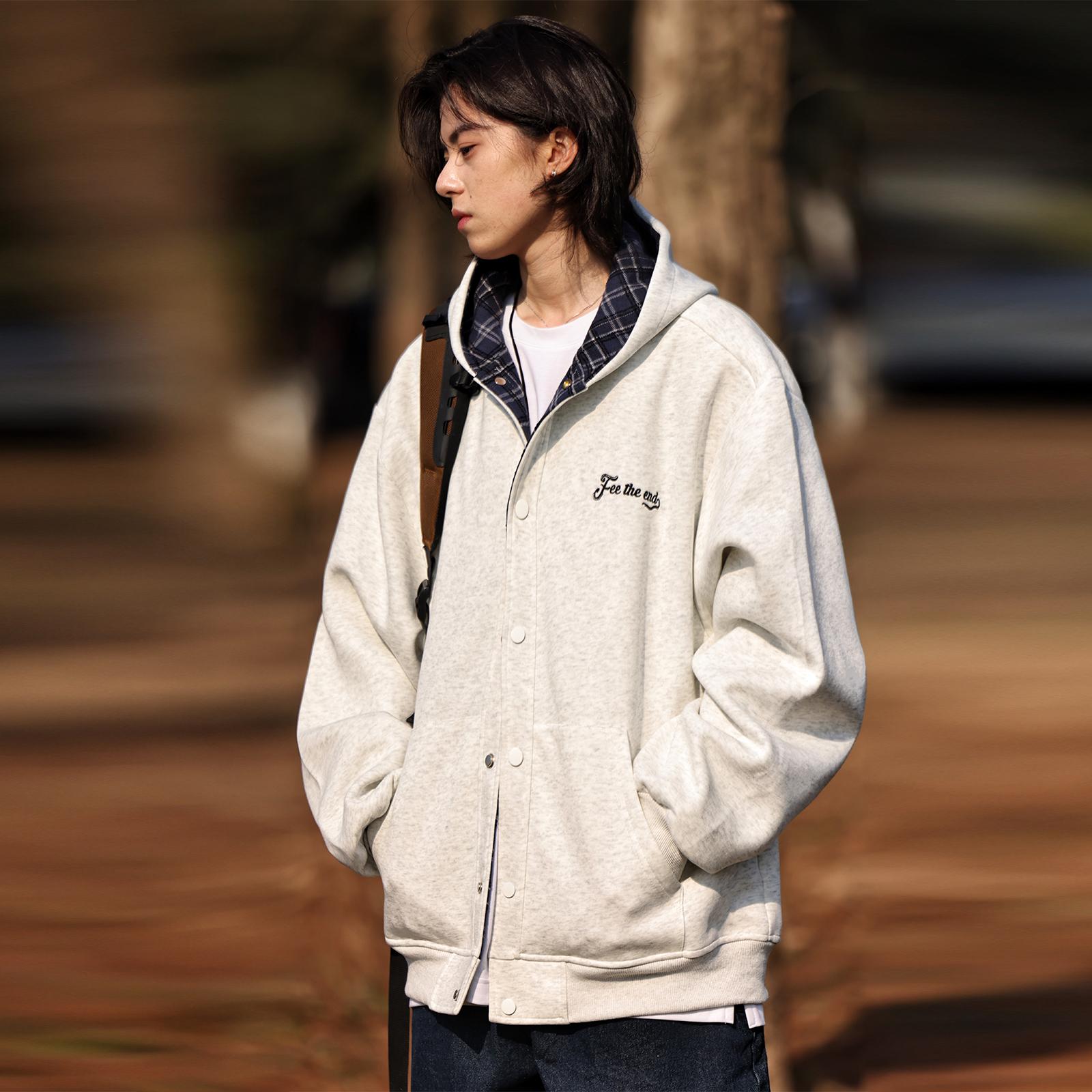 复古高街潮牌格子连帽开衫卫衣