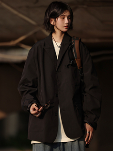 Nobodyknows日系简约肌理质感西装 夹克休闲男女黑色廓形西服外套