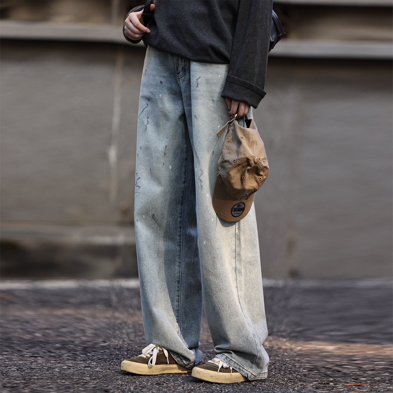 美式复古泼墨水洗牛仔裤