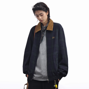 Nobodyknows美式复古墨绿格纹灯芯绒翻领撞色夹克中性风外套男女