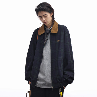 美式复古格子撞色灯芯绒翻领夹克