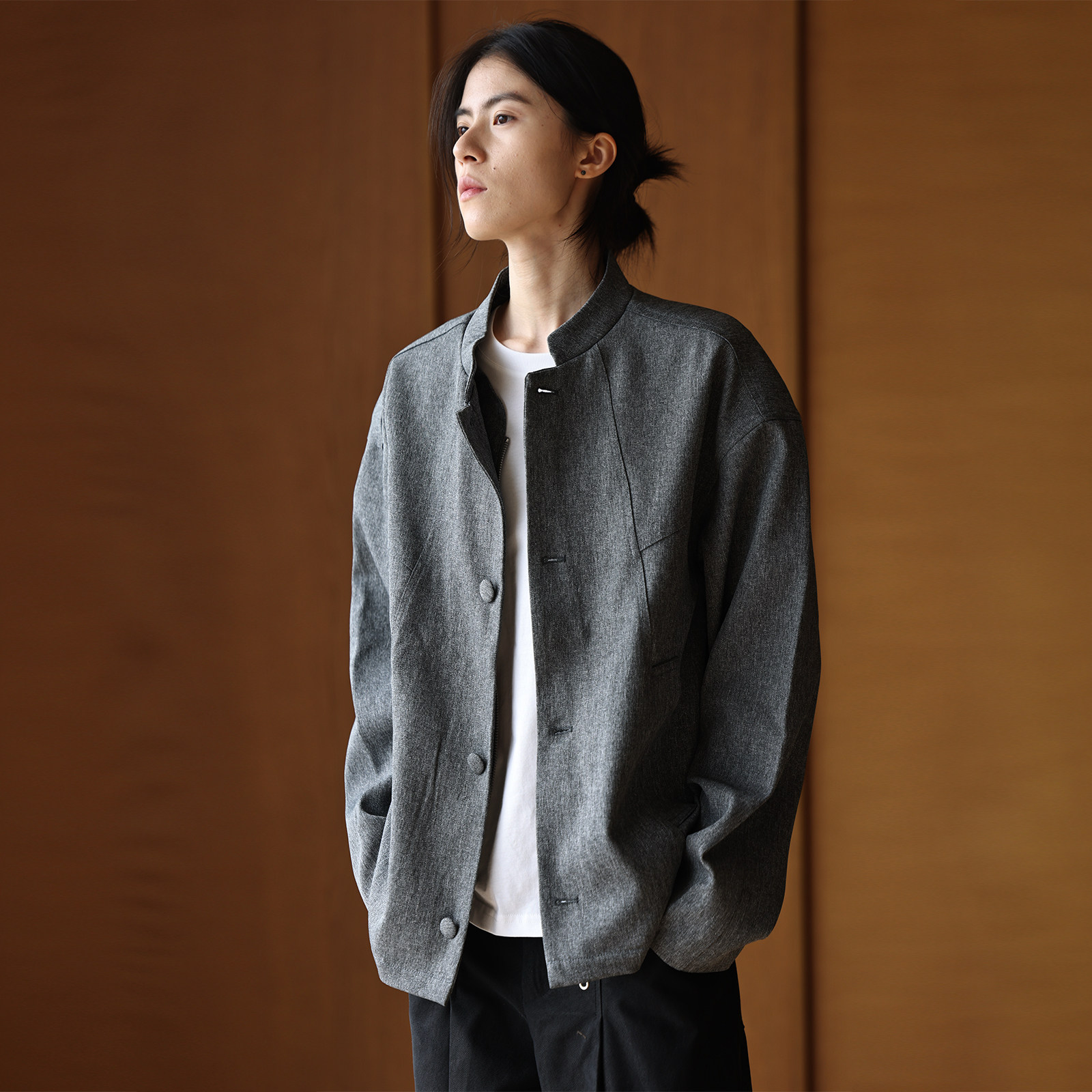 Nobodyknows灰色简约新中式中山装夹克男女合身剪裁短款外套西服