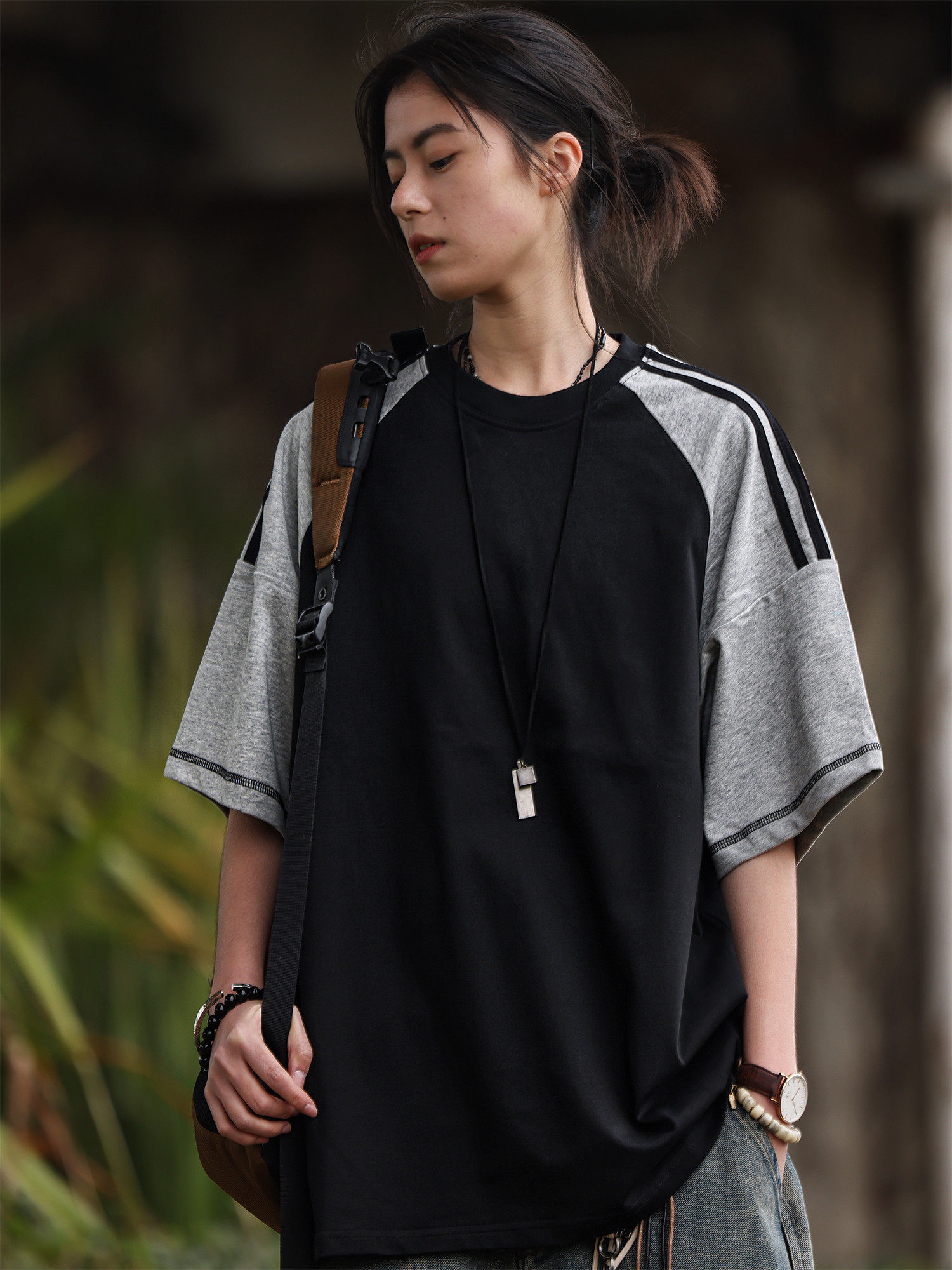 Nobodyknows夏季基础休闲拼色圆领纯棉宽松短袖情侣百搭男女T恤潮