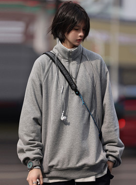 Nobodyknows美式复古立领纯色基础套头卫衣学生休闲流行宽松外套