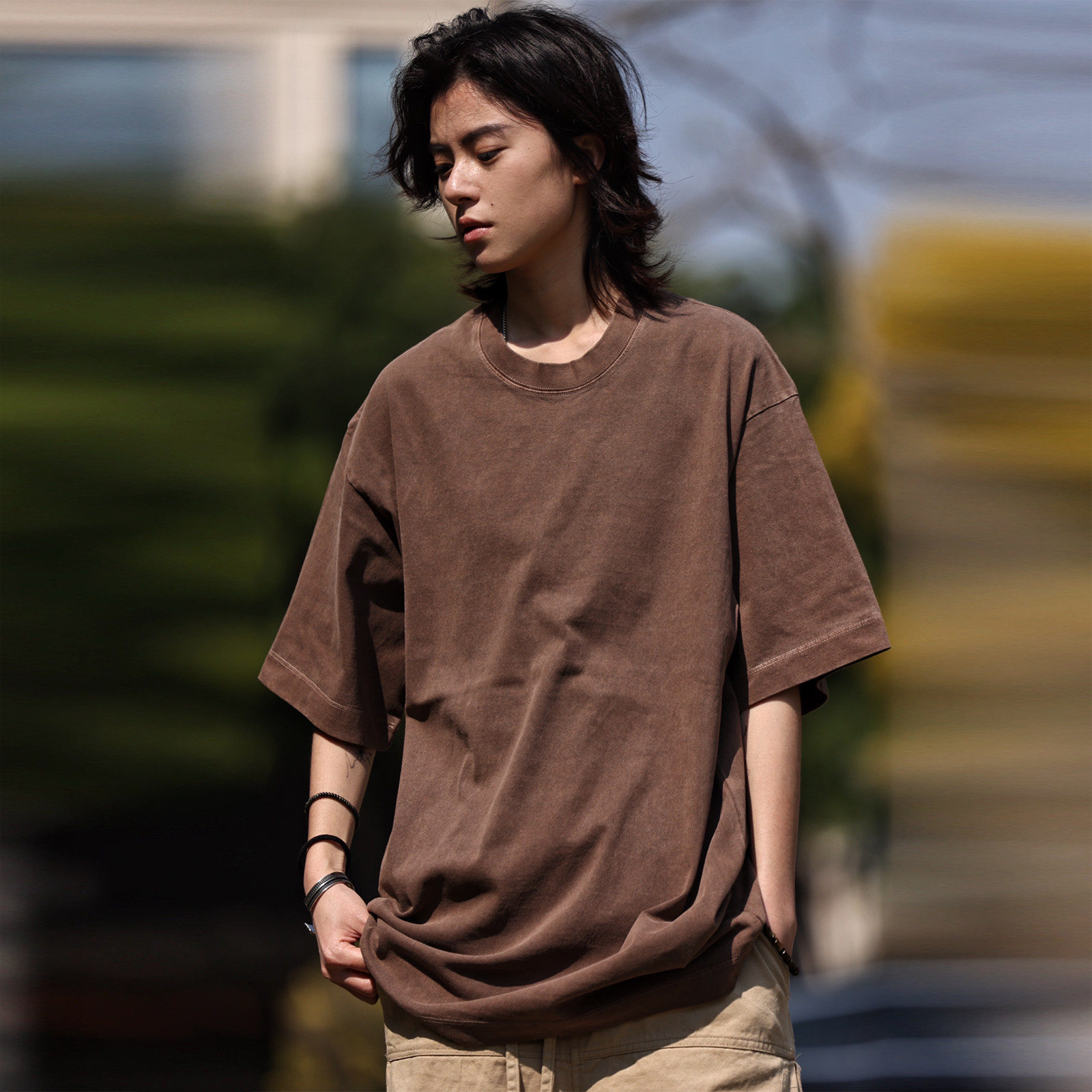 Nobodyknows夏简约基础水洗纯色宽松廓形多色纯棉男女T恤质感短袖 - 实物图