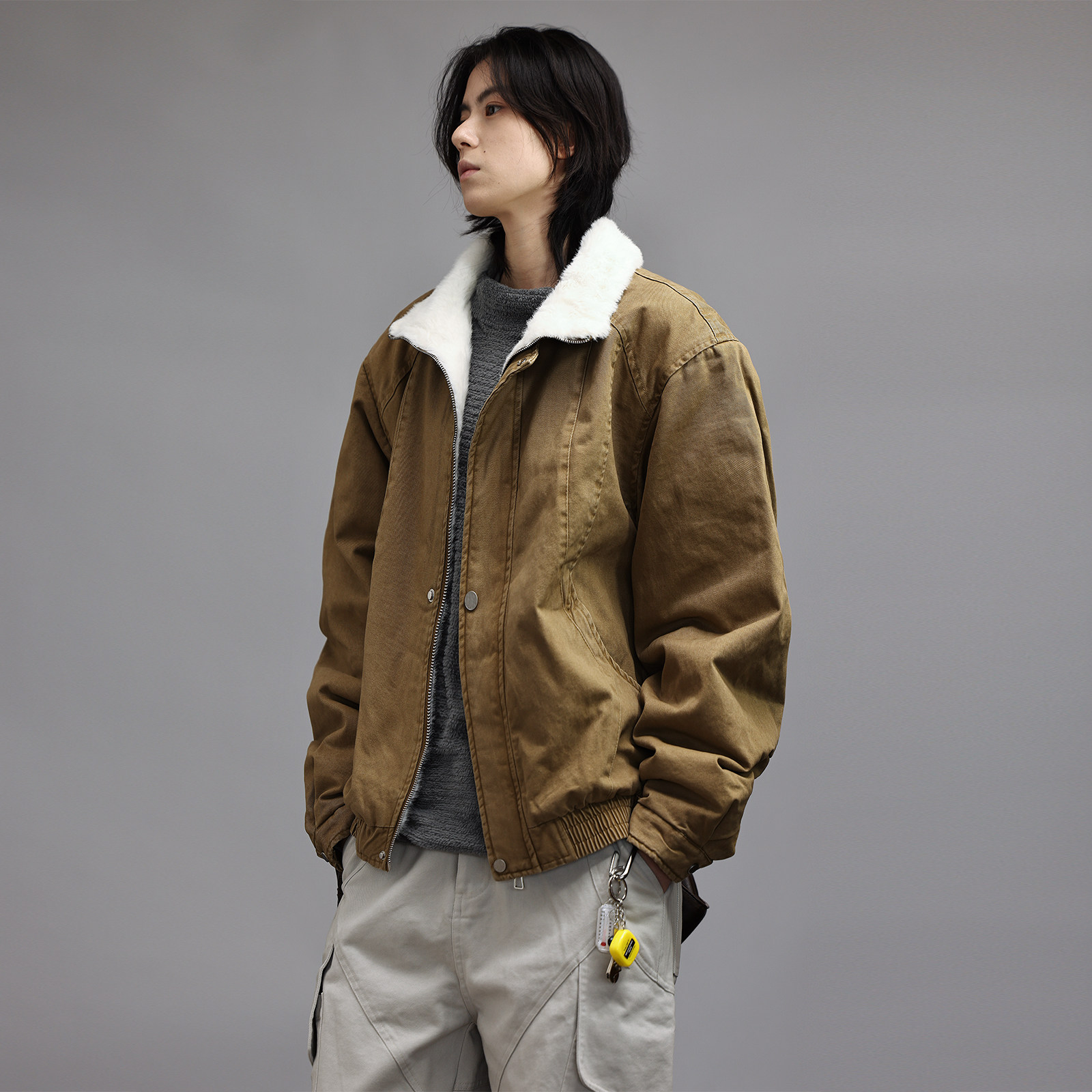 美式复古水洗毛里立领棉服