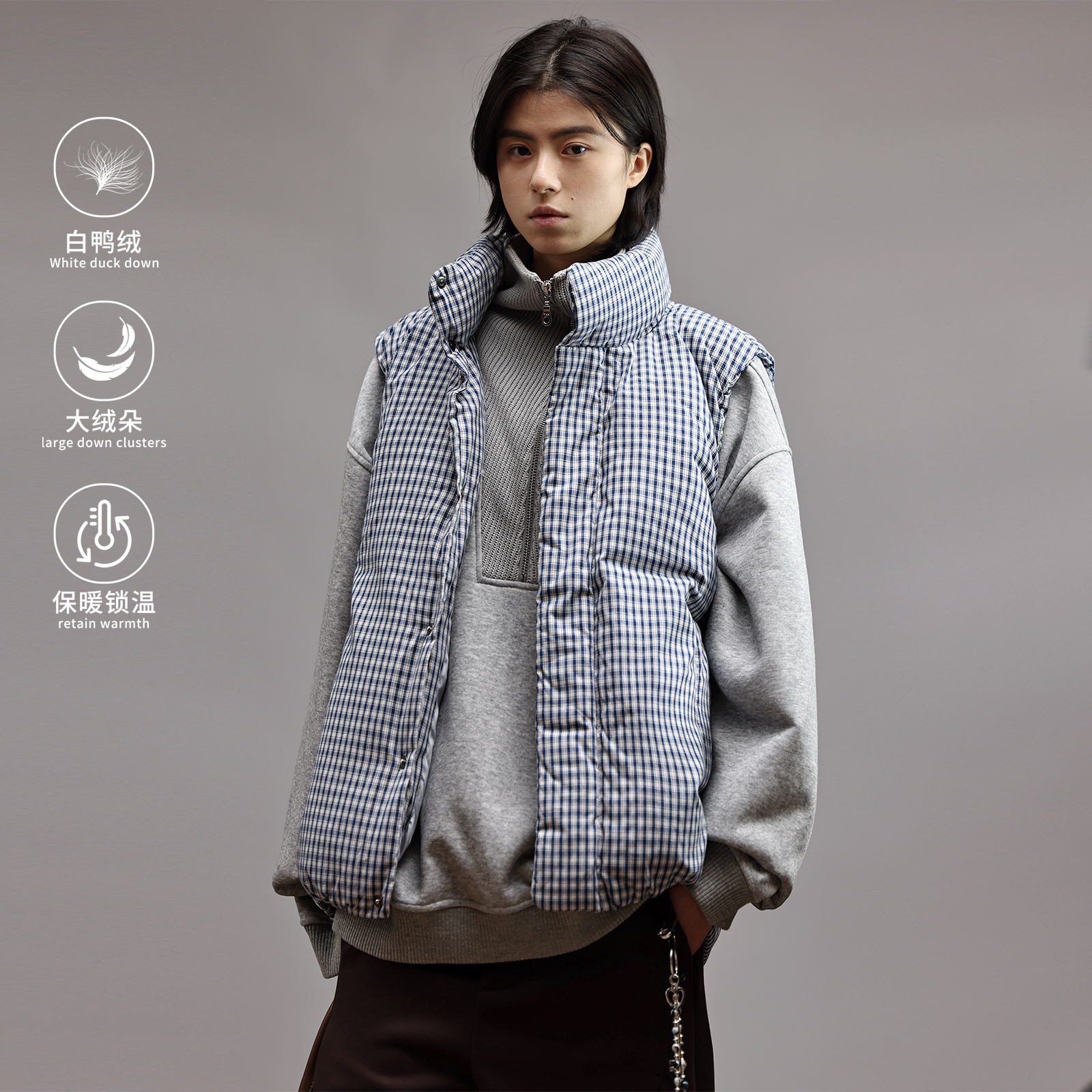格纹羽绒马甲男女情侣款