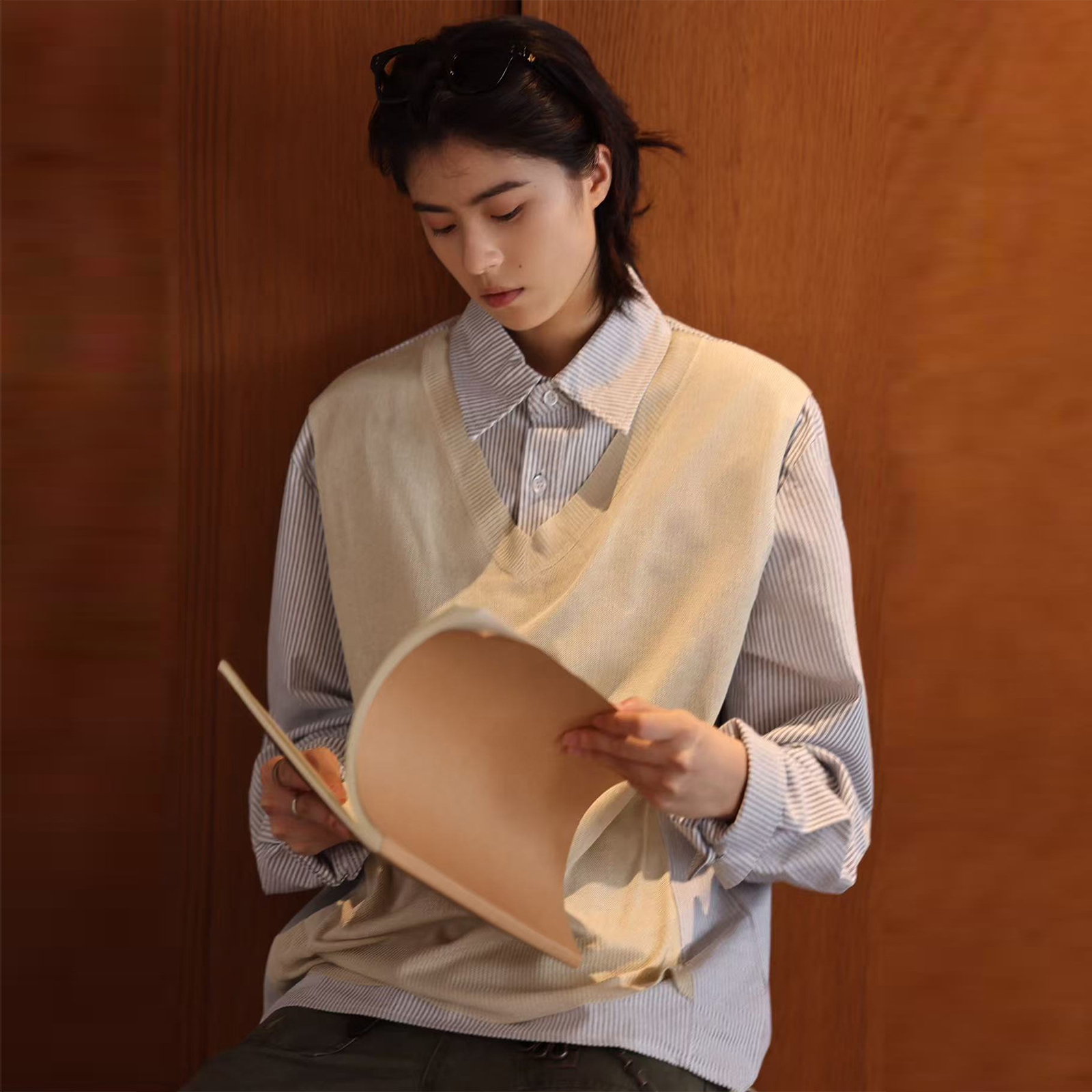 美式复古假两件条纹衬衫