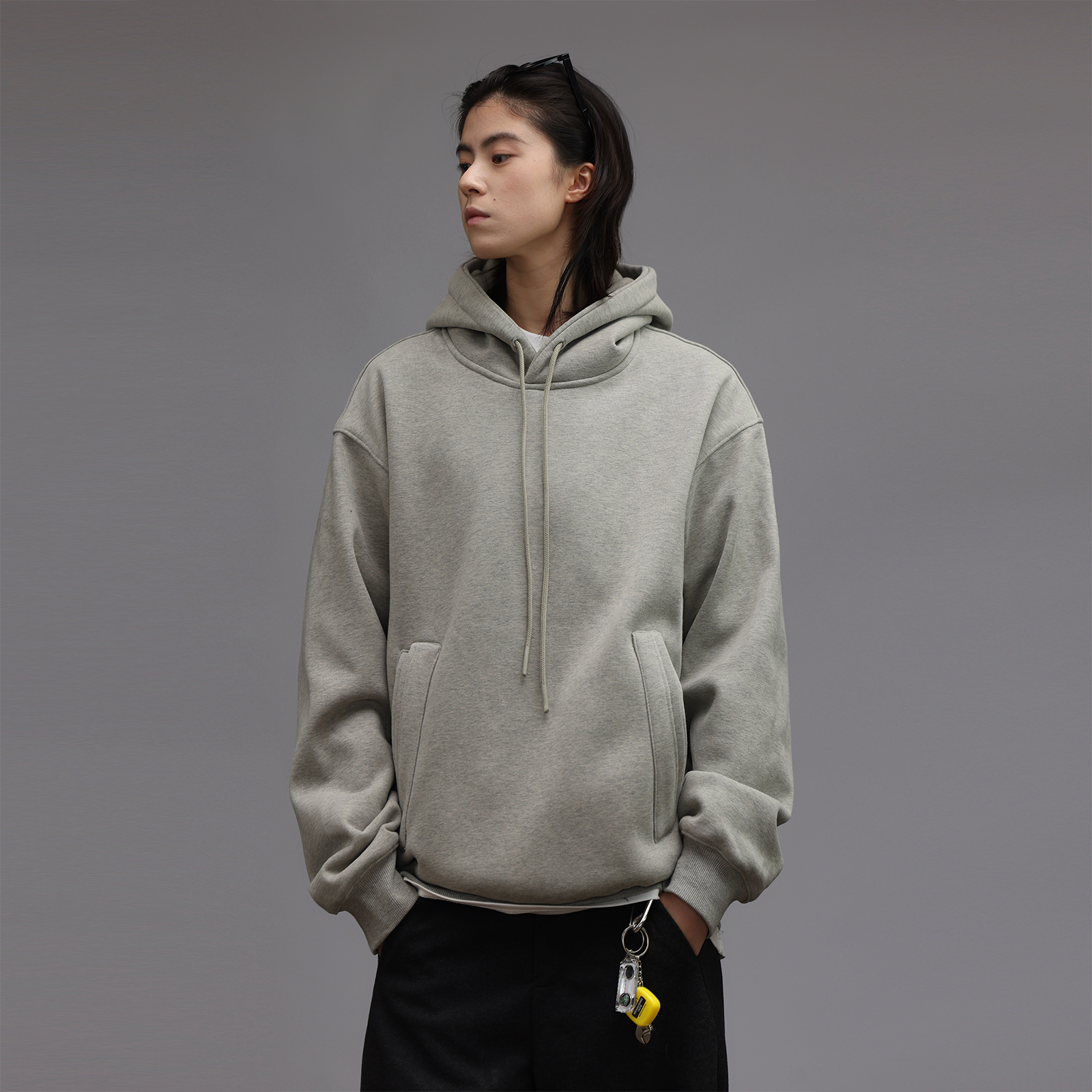 美式复古纯色连帽加绒卫衣