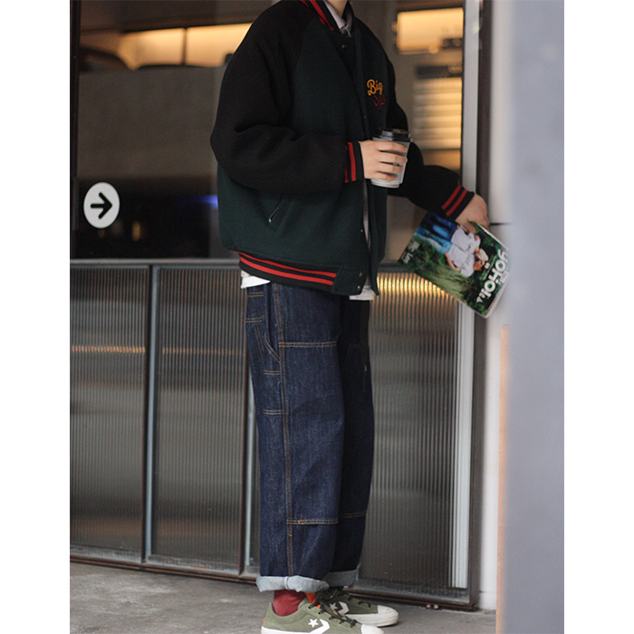 美式复古膝盖拼接贴布深色牛仔裤