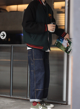 Nobody knows 美式复古休闲咔叽膝盖拼接贴布深色阔腿简约牛仔裤