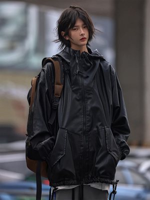 春秋美式街头PU皮皮衣宽松连帽
