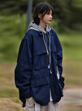 Nobodyknows日系假两件可拆卸帽多口袋男女廓形牛仔夹克秋冬外套