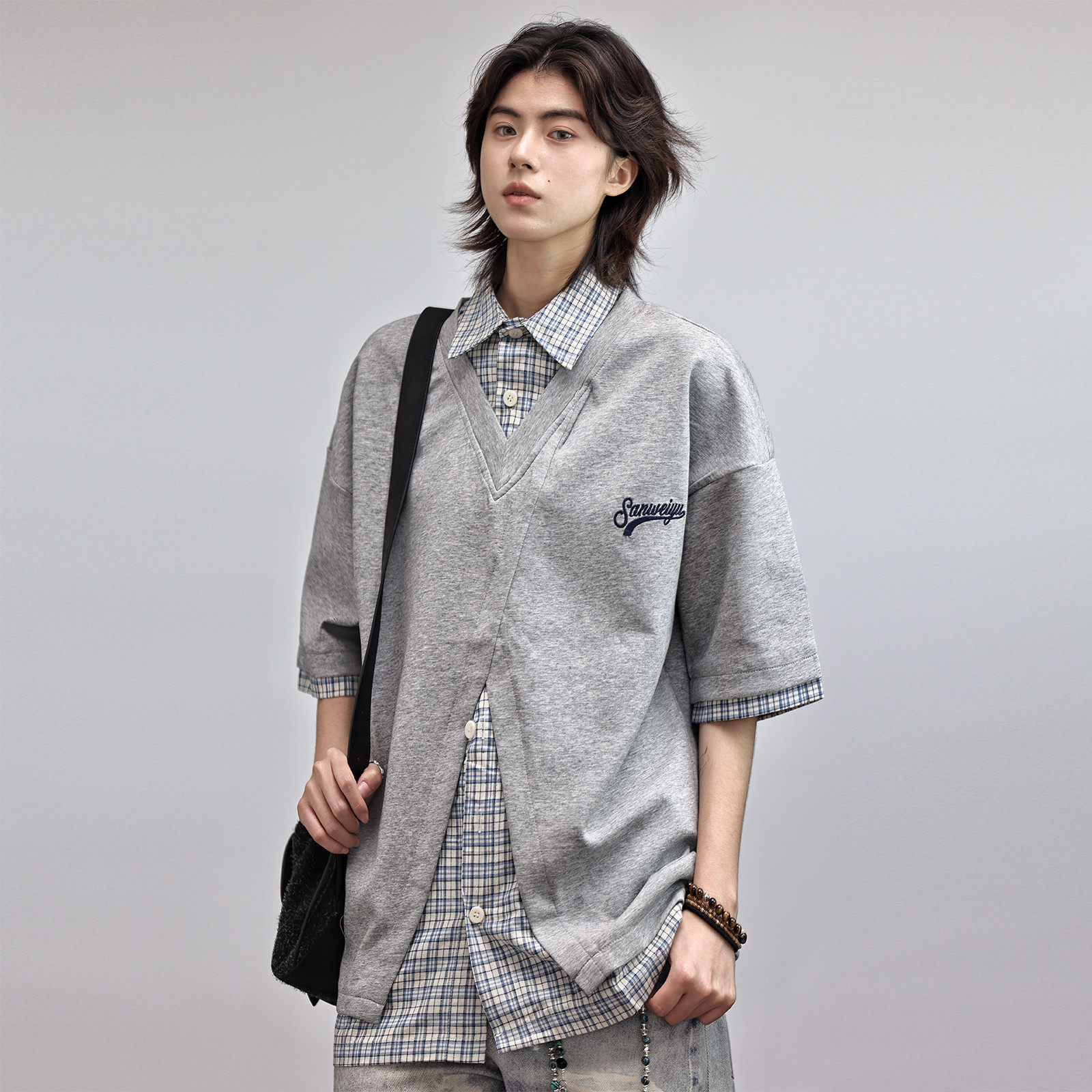 Nobodyknows美式高街假两件短袖衣服男款夏季情侣装T恤潮牌半袖潮