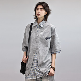 Nobodyknows美式高街假两件短袖衣服男款夏季情侣装T恤潮牌半袖潮