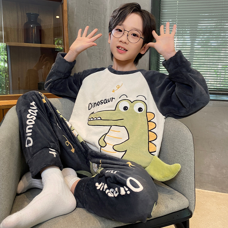 春秋冬季儿童法兰绒睡衣男童小孩