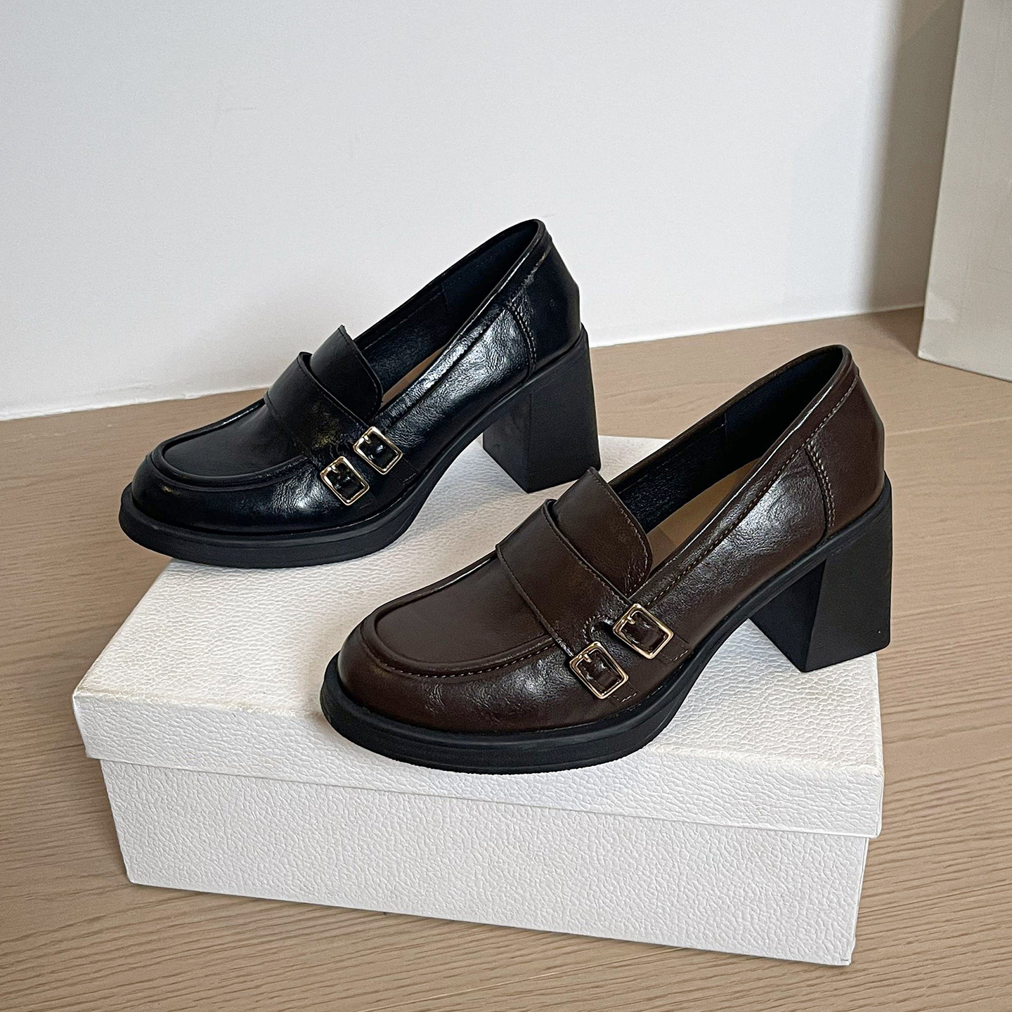 高跟粗跟黑色小皮鞋女秋冬加绒乐福鞋一脚蹬懒人鞋大码女鞋41-43,女鞋,乐福鞋（豆豆鞋）,淘宝优惠券,粉丝福利购,淘宝优惠卷