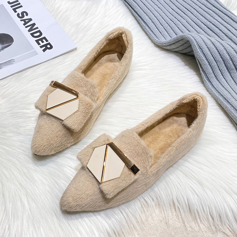 单鞋法式搭扣加绒保暖毛毛鞋女