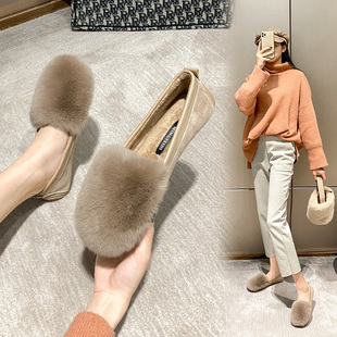 兔毛毛鞋女秋冬季外穿一脚蹬懒人鞋棉瓢鞋平底加绒大码女鞋41-43