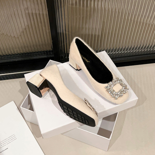 高跟鞋粗跟单鞋毛毛鞋女2025新款秋冬加绒外穿棉鞋大码女鞋41-43